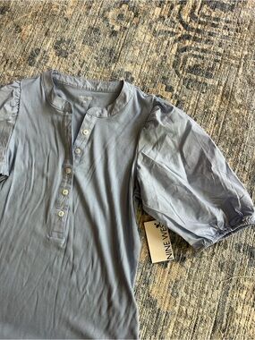 Nine West Light Blue Short Puff Sleeve Button-Up Henley